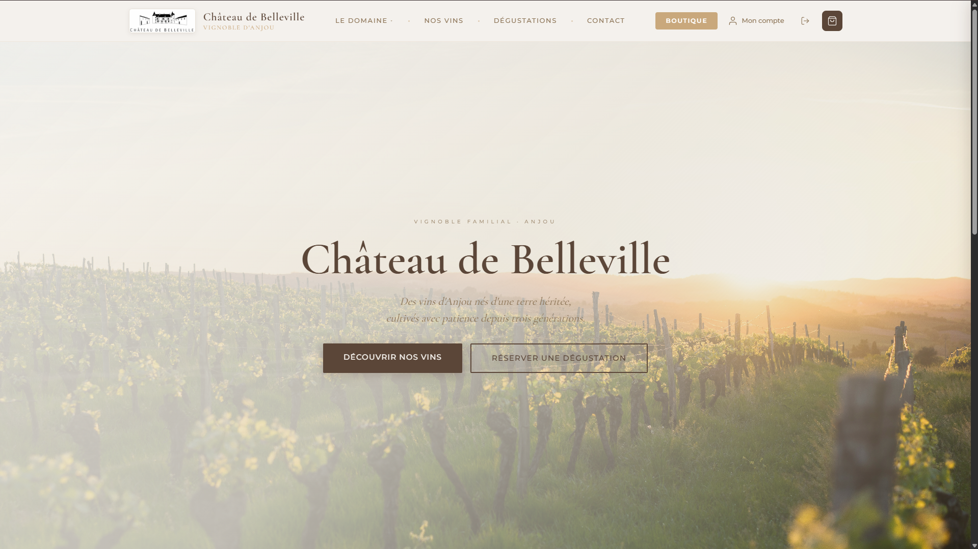 Plateforme e-commerce complète pour un domaine viticole de la Loire — vente de vins en ligne et réservation de dégustations.